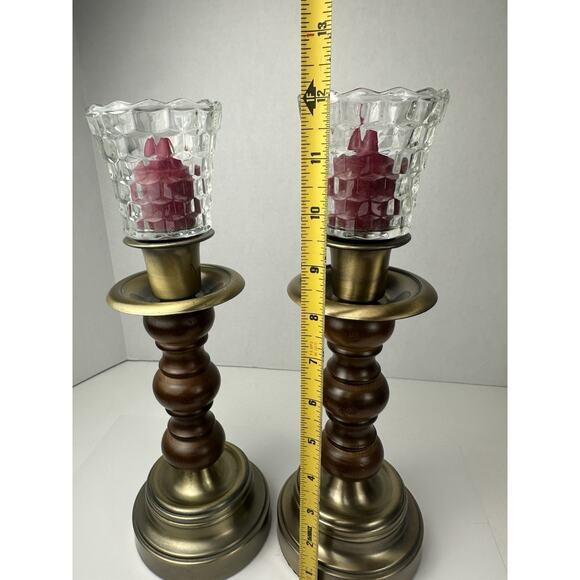 Vintage Homco Wood and Brass Candlestick Holders With Clear Glass Votives - Picture 5 of 8